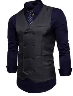 OUKU Men's Vest Waistcoat Wedding Work Business Casual Smart Casual Polyester Solid Colored V Neck Black White Wine Navy Blue Vest