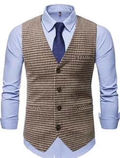Outlet OUKU Men's Vest Waistcoat Wedding Work Business Business Casual Fall Winter Patchwork Pocket Cotton Blend Thermal Warm Color Block Houndstooth Single Breasted V Neck Regular Fit Coffee Gray Vest