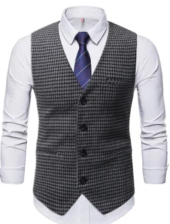 Outlet OUKU Men's Vest Waistcoat Wedding Work Business Business Casual Fall Winter Patchwork Pocket Cotton Blend Thermal Warm Color Block Houndstooth Single Breasted V Neck Regular Fit Coffee Gray Vest