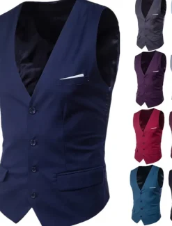 Sale OUKU Men's Vest Waistcoat Wedding Work Street Business Streetwear Business Summer Fall Pocket Cotton Breathable Solid Color Single Breasted V Neck Regular Fit Lake blue Black Wine Red Vest