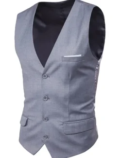 Sale OUKU Men's Vest Waistcoat Wedding Work Street Business Streetwear Business Summer Fall Pocket Cotton Breathable Solid Color Single Breasted V Neck Regular Fit Lake blue Black Wine Red Vest