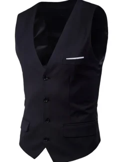 Sale OUKU Men's Vest Waistcoat Wedding Work Street Business Streetwear Business Summer Fall Pocket Cotton Breathable Solid Color Single Breasted V Neck Regular Fit Lake blue Black Wine Red Vest