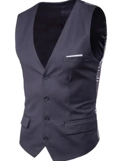 Sale OUKU Men's Vest Waistcoat Wedding Work Street Business Streetwear Business Summer Fall Pocket Cotton Breathable Solid Color Single Breasted V Neck Regular Fit Lake blue Black Wine Red Vest