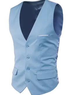 Sale OUKU Men's Vest Waistcoat Wedding Work Street Business Streetwear Business Summer Fall Pocket Cotton Breathable Solid Color Single Breasted V Neck Regular Fit Lake blue Black Wine Red Vest