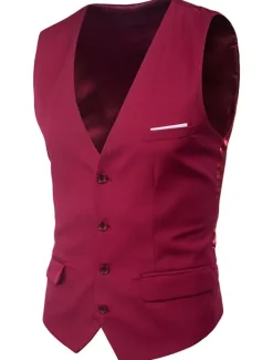 Sale OUKU Men's Vest Waistcoat Wedding Work Street Business Streetwear Business Summer Fall Pocket Cotton Breathable Solid Color Single Breasted V Neck Regular Fit Lake blue Black Wine Red Vest