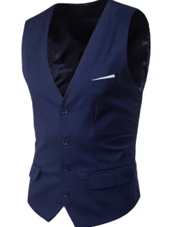 Sale OUKU Men's Vest Waistcoat Wedding Work Street Business Streetwear Business Summer Fall Pocket Cotton Breathable Solid Color Single Breasted V Neck Regular Fit Lake blue Black Wine Red Vest