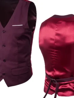 Sale OUKU Men's Vest Waistcoat Wedding Work Street Business Streetwear Business Summer Fall Pocket Cotton Breathable Solid Color Single Breasted V Neck Regular Fit Lake blue Black Wine Red Vest