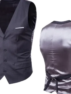 Sale OUKU Men's Vest Waistcoat Wedding Work Street Business Streetwear Business Summer Fall Pocket Cotton Breathable Solid Color Single Breasted V Neck Regular Fit Lake blue Black Wine Red Vest