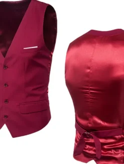 Sale OUKU Men's Vest Waistcoat Wedding Work Street Business Streetwear Business Summer Fall Pocket Cotton Breathable Solid Color Single Breasted V Neck Regular Fit Lake blue Black Wine Red Vest