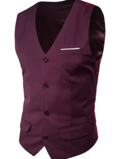Sale OUKU Men's Vest Waistcoat Wedding Work Street Business Streetwear Business Summer Fall Pocket Cotton Breathable Solid Color Single Breasted V Neck Regular Fit Lake blue Black Wine Red Vest