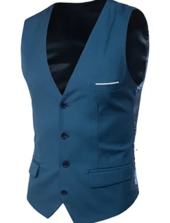 Sale OUKU Men's Vest Waistcoat Wedding Work Street Business Streetwear Business Summer Fall Pocket Cotton Breathable Solid Color Single Breasted V Neck Regular Fit Lake blue Black Wine Red Vest