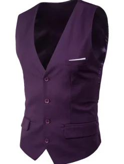 Sale OUKU Men's Vest Waistcoat Wedding Work Street Business Streetwear Business Summer Fall Pocket Cotton Breathable Solid Color Single Breasted V Neck Regular Fit Lake blue Black Wine Red Vest