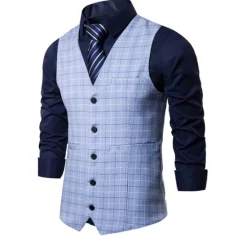 OUKU Men's Vest Waistcoat Wedding Office & Career Daily Wear Going out Business Retro Fall & Winter Button Pocket Polyester Outdoor Comfortable Casual Plaid Single Breasted V Wire Regular Fit Light Blue
