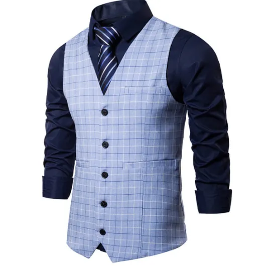 OUKU Men's Vest Waistcoat Wedding Office & Career Daily Wear Going out Business Retro Fall & Winter Button Pocket Polyester Outdoor Comfortable Casual Plaid Single Breasted V Wire Regular Fit Light Blue