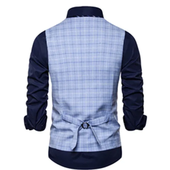 OUKU Men's Vest Waistcoat Wedding Office & Career Daily Wear Going out Business Retro Fall & Winter Button Pocket Polyester Outdoor Comfortable Casual Plaid Single Breasted V Wire Regular Fit Light Blue