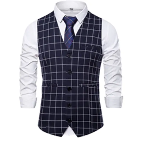 OUKU Men's Vest Waistcoat Wedding Office & Career Daily Wear Going out Business Retro Fall & Winter Button Pocket Polyester Outdoor Comfortable Casual Plaid Single Breasted V Wire Regular Fit Light Blue
