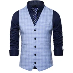 OUKU Men's Vest Waistcoat Wedding Office & Career Daily Wear Going out Business Retro Fall & Winter Button Pocket Polyester Outdoor Comfortable Casual Plaid Single Breasted V Wire Regular Fit Light Blue