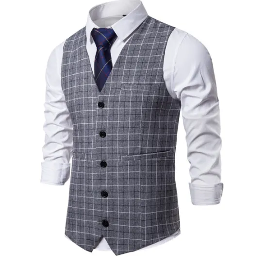 OUKU Men's Vest Waistcoat Wedding Office & Career Daily Wear Going out Business Retro Fall & Winter Button Pocket Polyester Outdoor Comfortable Casual Plaid Single Breasted V Wire Regular Fit Light Blue