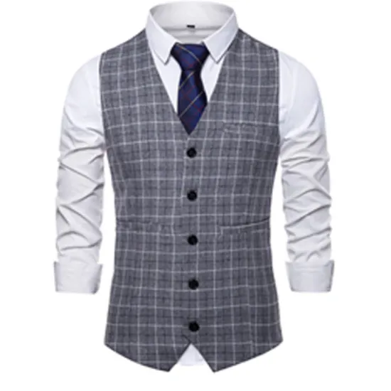 OUKU Men's Vest Waistcoat Wedding Office & Career Daily Wear Going out Business Retro Fall & Winter Button Pocket Polyester Outdoor Comfortable Casual Plaid Single Breasted V Wire Regular Fit Light Blue