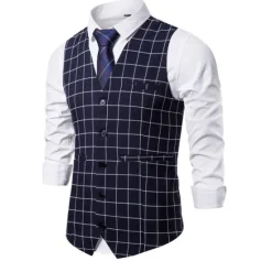 OUKU Men's Vest Waistcoat Wedding Office & Career Daily Wear Going out Business Retro Fall & Winter Button Pocket Polyester Outdoor Comfortable Casual Plaid Single Breasted V Wire Regular Fit Light Blue
