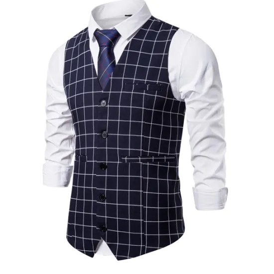 OUKU Men's Vest Waistcoat Wedding Office & Career Daily Wear Going out Business Retro Fall & Winter Button Pocket Polyester Outdoor Comfortable Casual Plaid Single Breasted V Wire Regular Fit Light Blue