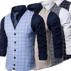 OUKU Men's Vest Waistcoat Wedding Daily Wear Going out Festival Business Basic Fall & Winter Pocket Polyester Breathable Soft Comfortable Plaid Single Breasted V Neck Regular Fit Camel ash-colored Dark
