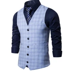 OUKU Men's Vest Waistcoat Wedding Daily Wear Going out Festival Business Basic Fall & Winter Pocket Polyester Breathable Soft Comfortable Plaid Single Breasted V Neck Regular Fit Camel ash-colored Dark