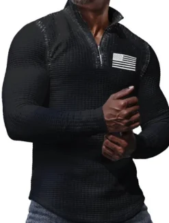 Online OUKU Men's Veterans Patriotic Waffle Polo Shirts Golf Polos Shirts Long Sleeve Polo Shirts Turndown Zip Business Outdoor Casual Daily Streetwear 3D Print Fall & Winter Black White Khaki