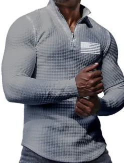 Online OUKU Men's Veterans Patriotic Waffle Polo Shirts Golf Polos Shirts Long Sleeve Polo Shirts Turndown Zip Business Outdoor Casual Daily Streetwear 3D Print Fall & Winter Black White Khaki