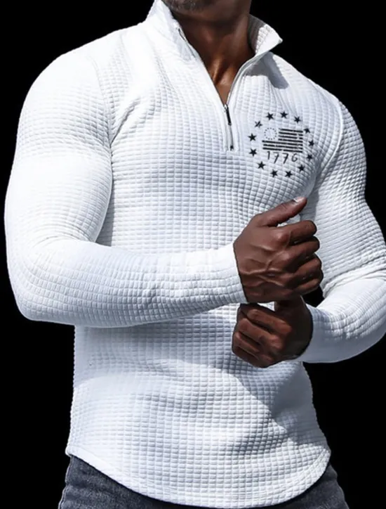 Discount OUKU Men's Veterans Patriotic Waffle Polo Shirts Golf Polos Shirts Long Sleeve Polo Shirts Turndown Zip Business Outdoor Casual Daily Streetwear 3D Print Fall & Winter Black White Khaki