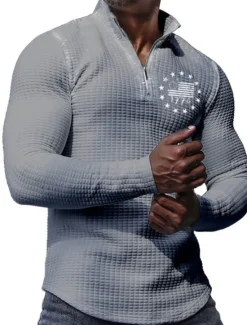 Discount OUKU Men's Veterans Patriotic Waffle Polo Shirts Golf Polos Shirts Long Sleeve Polo Shirts Turndown Zip Business Outdoor Casual Daily Streetwear 3D Print Fall & Winter Black White Khaki
