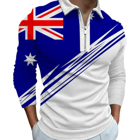 Outlet OUKU Men's Veterans Patriotic Zip Polo Shirts Golf Shirt Long Sleeve Polo Shirts Collared Shirts Casual Streetwear Vacation Wear Party Outfits 3D Print Quarter Zip Polo White & Blue Black White