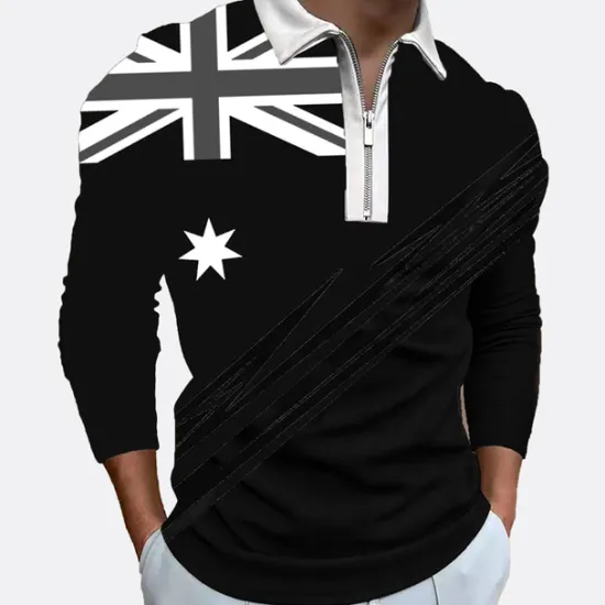Outlet OUKU Men's Veterans Patriotic Zip Polo Shirts Golf Shirt Long Sleeve Polo Shirts Collared Shirts Casual Streetwear Vacation Wear Party Outfits 3D Print Quarter Zip Polo White & Blue Black White