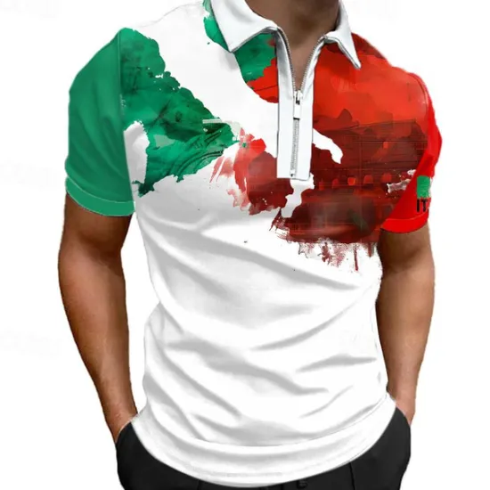 New OUKU Men's Veterans Patriotic Zip Polo Shirts Golf Shirt Short Sleeve Polo Shirts Collared Shirts Casual Streetwear Vacation Wear Party Outfits 3D Print Quarter Zip Polo White Army Green Red