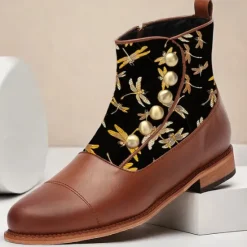 Outlet OUKU Men's Victorian Faux Leather Ankle Boots with Embroidered Dragonfly Jacquard Fabric and Gold Button Accents – Vintage-Inspired Dress Boots Brown