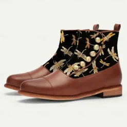 Outlet OUKU Men's Victorian Faux Leather Ankle Boots with Embroidered Dragonfly Jacquard Fabric and Gold Button Accents – Vintage-Inspired Dress Boots Brown