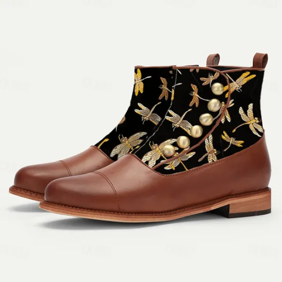 Outlet OUKU Men's Victorian Faux Leather Ankle Boots with Embroidered Dragonfly Jacquard Fabric and Gold Button Accents – Vintage-Inspired Dress Boots Brown
