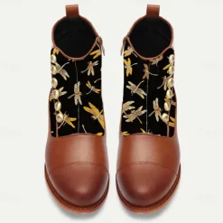 Outlet OUKU Men's Victorian Faux Leather Ankle Boots with Embroidered Dragonfly Jacquard Fabric and Gold Button Accents – Vintage-Inspired Dress Boots Brown