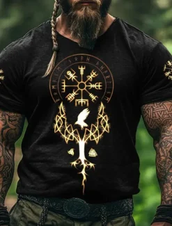Best OUKU Men's Viking T Shirt Short Sleeve T shirt 3D Print Crew Neck Shirt Fashion Ethnic Street Casual Daily Black 1 Black 3 Black Summer Spring All Seasons Clothing Apparel S M L XL XXL XXXL