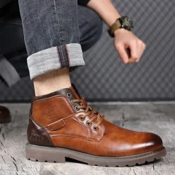 Sale OUKU Men's Vintage Brown Faux Leather Ankle Boots – Classic Lace-Up Design with Rugged Sole for Work & Casual Wear