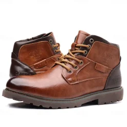 Sale OUKU Men's Vintage Brown Faux Leather Ankle Boots – Classic Lace-Up Design with Rugged Sole for Work & Casual Wear