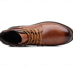 Sale OUKU Men's Vintage Brown Faux Leather Ankle Boots – Classic Lace-Up Design with Rugged Sole for Work & Casual Wear