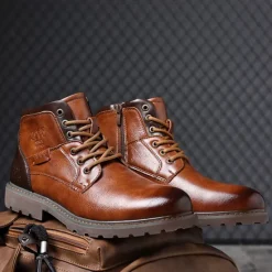 Sale OUKU Men's Vintage Brown Faux Leather Ankle Boots – Classic Lace-Up Design with Rugged Sole for Work & Casual Wear