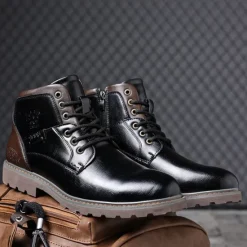 Sale OUKU Men's Vintage Brown Faux Leather Ankle Boots – Classic Lace-Up Design with Rugged Sole for Work & Casual Wear