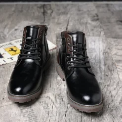 Sale OUKU Men's Vintage Brown Faux Leather Ankle Boots – Classic Lace-Up Design with Rugged Sole for Work & Casual Wear