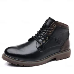 Sale OUKU Men's Vintage Brown Faux Leather Ankle Boots – Classic Lace-Up Design with Rugged Sole for Work & Casual Wear