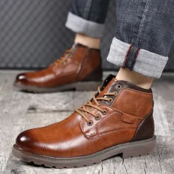 Sale OUKU Men's Vintage Brown Faux Leather Ankle Boots – Classic Lace-Up Design with Rugged Sole for Work & Casual Wear