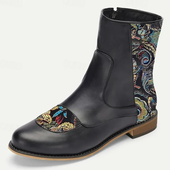 Discount OUKU Men's Vintage Elegance Embroidered Jacquard Fabric and Faux Leather Ankle Boots for Formal and Casual Wear Black