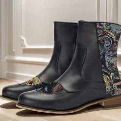 Discount OUKU Men's Vintage Elegance Embroidered Jacquard Fabric and Faux Leather Ankle Boots for Formal and Casual Wear Black