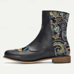 Discount OUKU Men's Vintage Elegance Embroidered Jacquard Fabric and Faux Leather Ankle Boots for Formal and Casual Wear Black